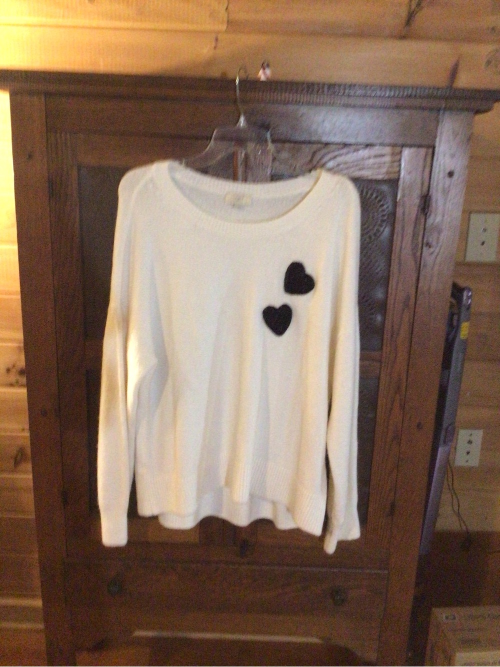 LOFT Cream Crewneck Sweater with Black Heart Patches